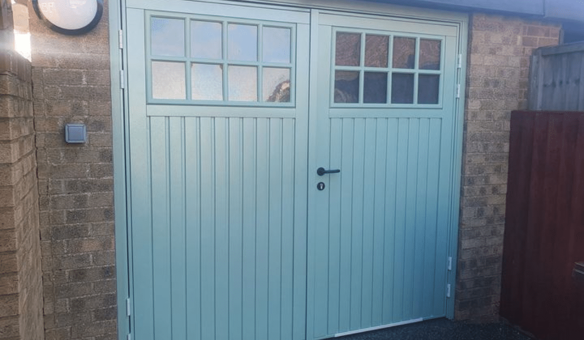 blue side hinged garage door